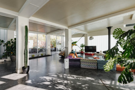 The open-plan living space has Roche Bobois sofas and is filled with greenery